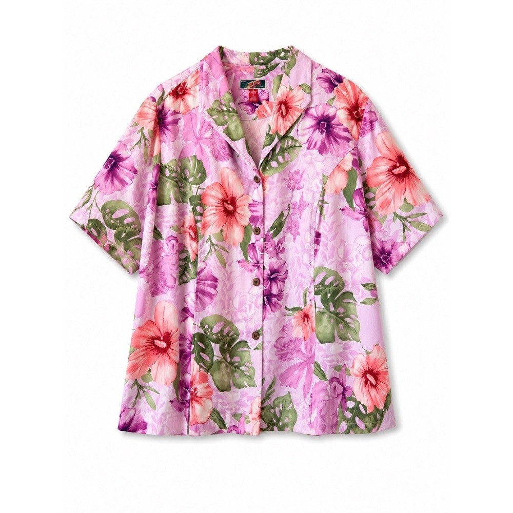 La Cabana Womens Plus 1X Hawaiian Floral Hibiscus Pink Rayon Button Shirt Top
